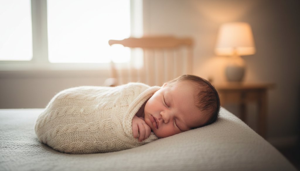 Professional Ashburton newborn photography sessions capturing a serene baby sleeping peacefully in a soft, handcrafted blanket, bathed in gentle morning light, with a warm, intimate atmosphere.