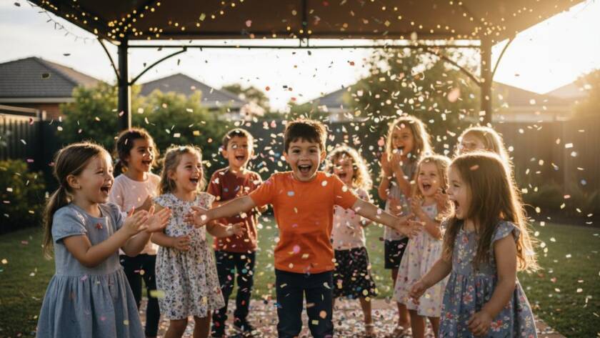 A vibrant, candid photograph capturing a group of happy children laughing and covered in colourful confetti at a professional Ashburton Victoria kids party photography session, with dynamic lighting.