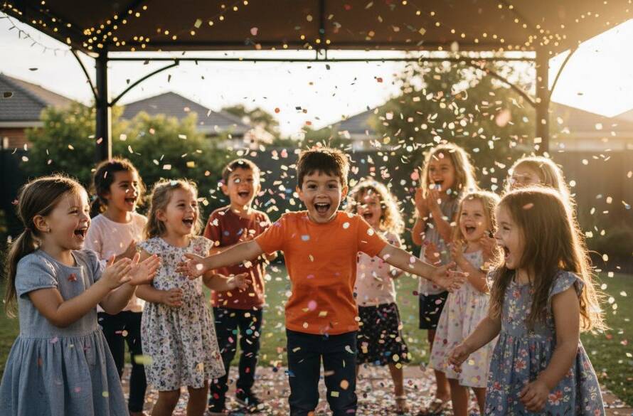 A vibrant, candid photograph capturing a group of happy children laughing and covered in colourful confetti at a professional Ashburton Victoria kids party photography session, with dynamic lighting.