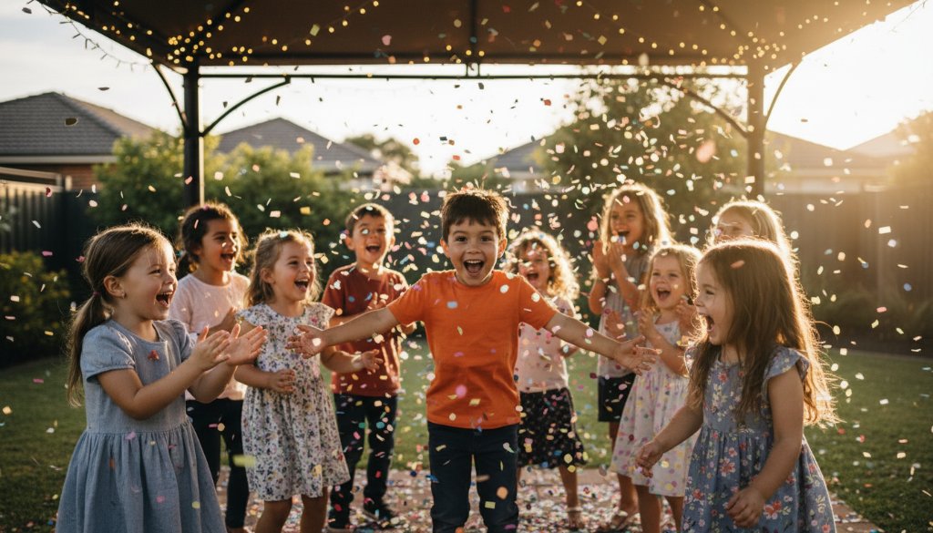 A vibrant, candid photograph capturing a group of happy children laughing and covered in colourful confetti at a professional Ashburton Victoria kids party photography session, with dynamic lighting.