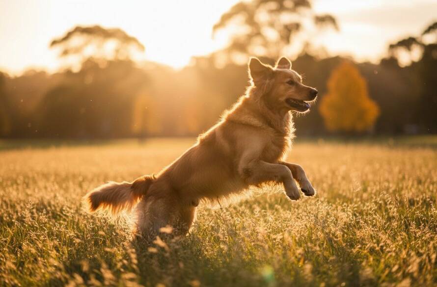 An epic moment captured through professional Ashwood pet photography, featuring a golden retriever joyfully leaping through golden hour light in a sun-dappled Ashwood park, its fur illuminated, creating a breathtaking, emotionally resonant portrait.