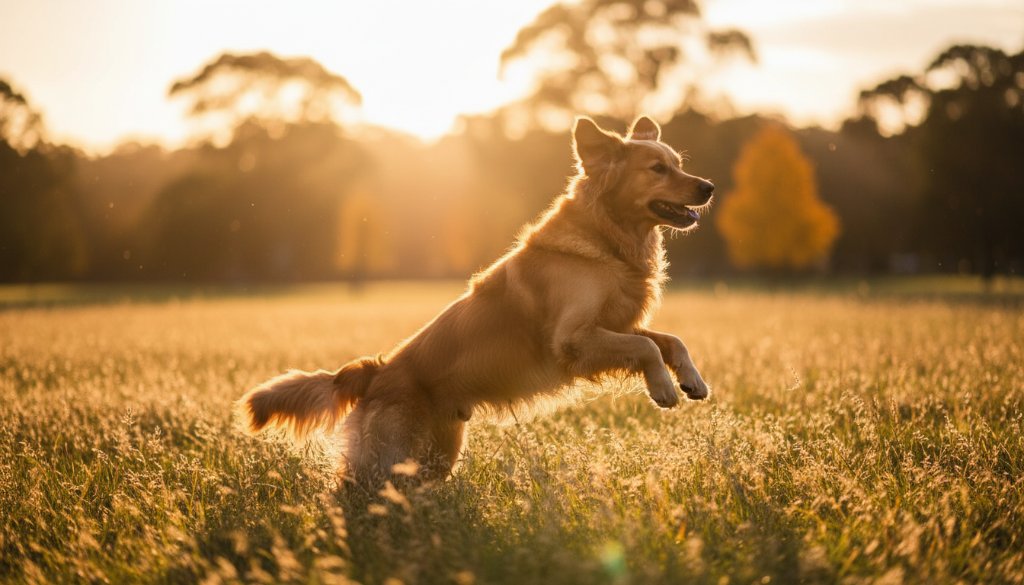 An epic moment captured through professional Ashwood pet photography, featuring a golden retriever joyfully leaping through golden hour light in a sun-dappled Ashwood park, its fur illuminated, creating a breathtaking, emotionally resonant portrait.