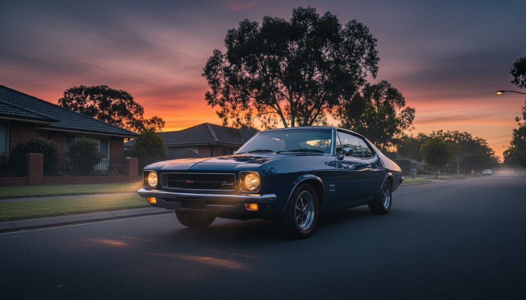 A dramatic wide-angle shot of a sleek, dark sports car gleaming under the twilight glow near the Mulgrave Private Hospital, with light trails from passing traffic creating a dynamic blur, showcasing professional automotive photography Mulgrave Victoria with cinematic flair.