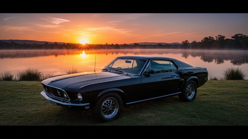 Dynamic shot of a sleek, dark vintage muscle car gleaming under dramatic sunset lighting near Lake Wendouree, showcasing professional automotive photography in Wendouree Victoria with reflections on its polished surface.