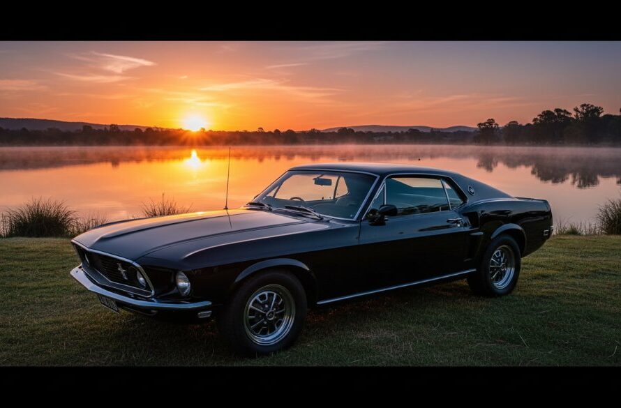 Dynamic shot of a sleek, dark vintage muscle car gleaming under dramatic sunset lighting near Lake Wendouree, showcasing professional automotive photography in Wendouree Victoria with reflections on its polished surface.