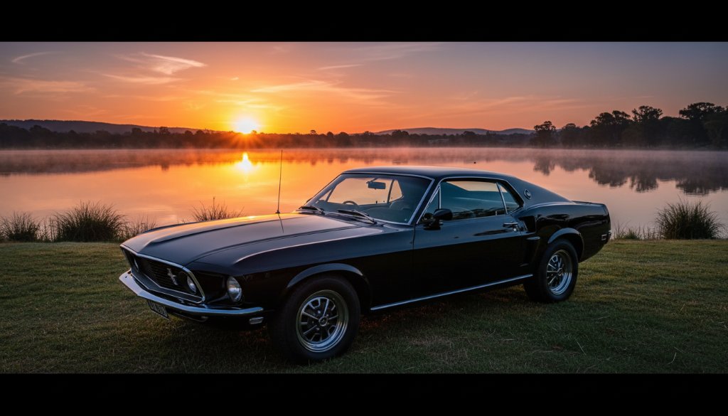 Dynamic shot of a sleek, dark vintage muscle car gleaming under dramatic sunset lighting near Lake Wendouree, showcasing professional automotive photography in Wendouree Victoria with reflections on its polished surface.