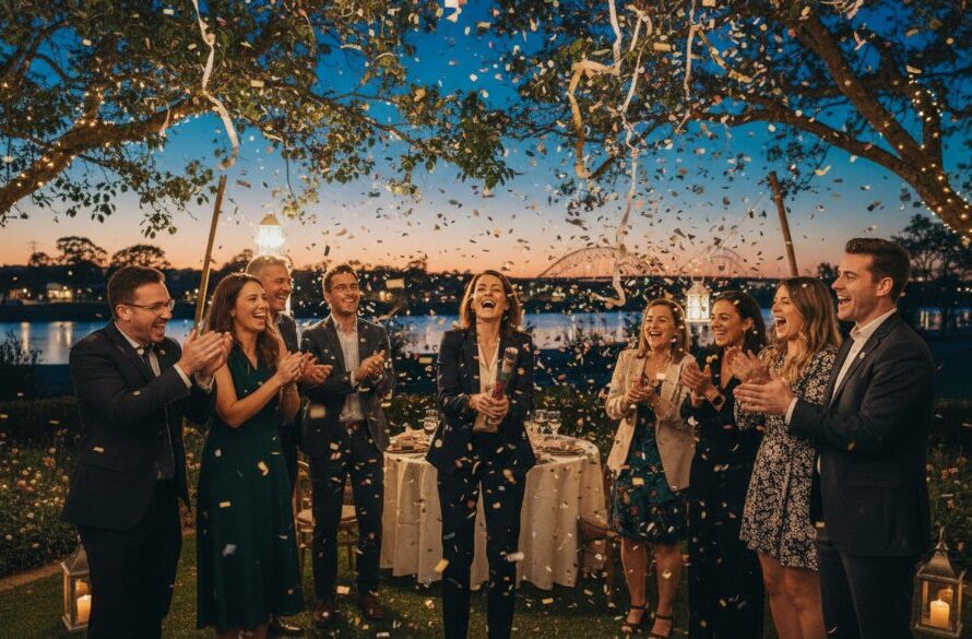 A vibrant, candid photograph capturing a joyous group of friends mid-laugh, confetti falling around them at a twilight outdoor party near the Mitchell River in Bairnsdale, beautifully illustrating professional Bairnsdale party photography candid captures with dramatic, warm lighting.