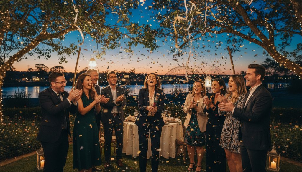A vibrant, candid photograph capturing a joyous group of friends mid-laugh, confetti falling around them at a twilight outdoor party near the Mitchell River in Bairnsdale, beautifully illustrating professional Bairnsdale party photography candid captures with dramatic, warm lighting.