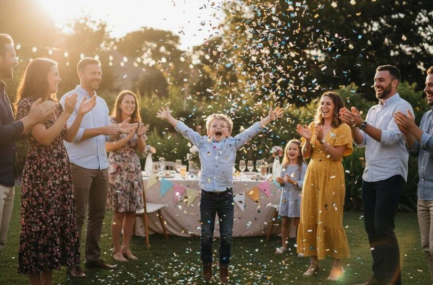 An epic wide-angle shot of a joyous group celebrating at a vibrant party in a beautifully decorated backyard in Balwyn North, featuring a child laughing as confetti rains down, expertly captured by professional Balwyn North party photography with dramatic backlighting.