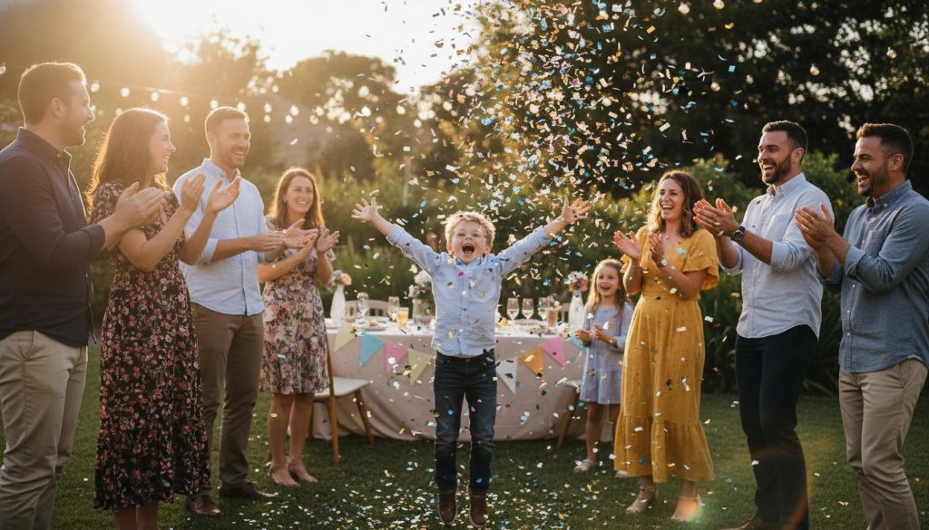 An epic wide-angle shot of a joyous group celebrating at a vibrant party in a beautifully decorated backyard in Balwyn North, featuring a child laughing as confetti rains down, expertly captured by professional Balwyn North party photography with dramatic backlighting.