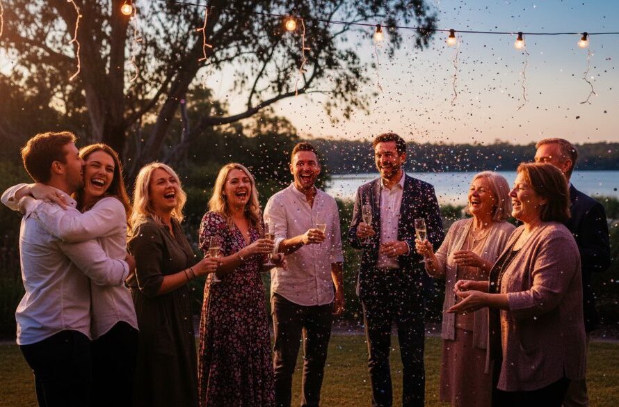 A vibrant, candid photograph by a Professional Benalla Party Photographer for Vibrant Celebrations, capturing a group of happy guests laughing joyously under string lights at an outdoor evening party, with a beautifully decorated Benalla garden venue in the background, showcasing dramatic and professionally graded lighting.