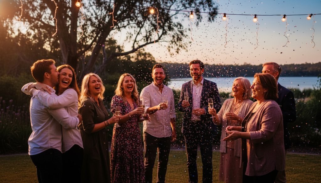 A vibrant, candid photograph by a Professional Benalla Party Photographer for Vibrant Celebrations, capturing a group of happy guests laughing joyously under string lights at an outdoor evening party, with a beautifully decorated Benalla garden venue in the background, showcasing dramatic and professionally graded lighting.