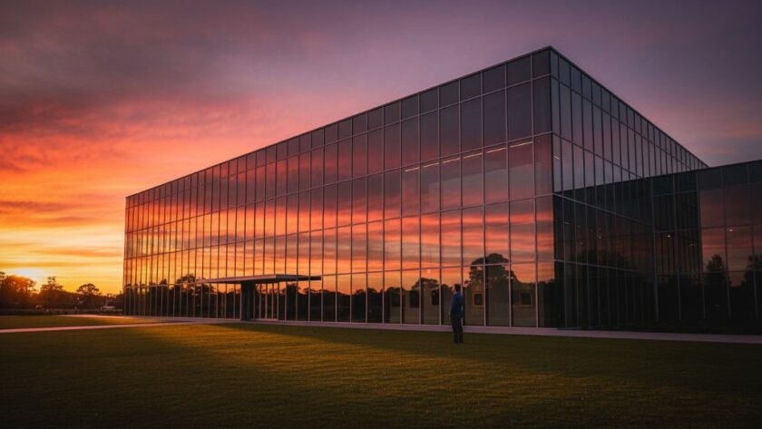 An epic moment captured in professional Benalla Victoria architectural photography, showcasing the majestic Benalla Art Gallery's modern wing under a dramatic sunset, with warm golden light reflecting off its contemporary glass facade and a solitary figure admiring the design, exuding a sense of awe and artistic precision.