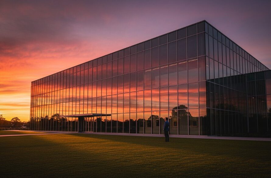An epic moment captured in professional Benalla Victoria architectural photography, showcasing the majestic Benalla Art Gallery's modern wing under a dramatic sunset, with warm golden light reflecting off its contemporary glass facade and a solitary figure admiring the design, exuding a sense of awe and artistic precision.