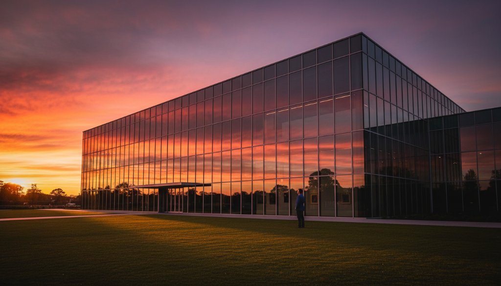 An epic moment captured in professional Benalla Victoria architectural photography, showcasing the majestic Benalla Art Gallery's modern wing under a dramatic sunset, with warm golden light reflecting off its contemporary glass facade and a solitary figure admiring the design, exuding a sense of awe and artistic precision.