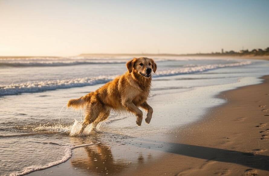 A golden retriever joyfully leaping through shallow waves at sunset on Bonbeach, capturing a professional Bonbeach pet photography moment, with warm golden light reflecting off the water and wet fur.