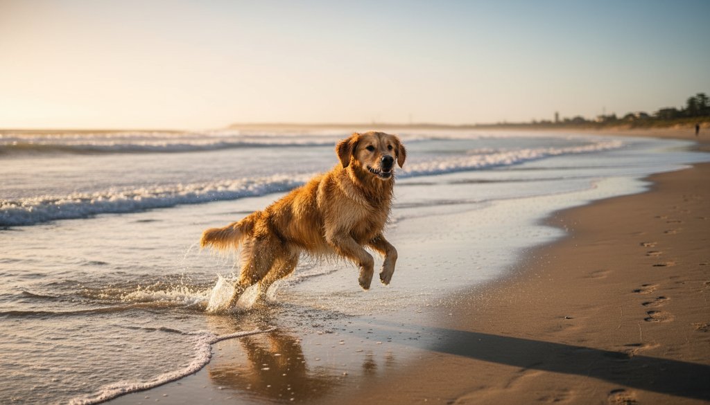 A golden retriever joyfully leaping through shallow waves at sunset on Bonbeach, capturing a professional Bonbeach pet photography moment, with warm golden light reflecting off the water and wet fur.