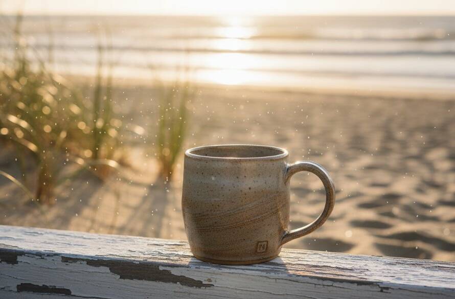 A dramatic close-up shot of an artisanal, handcrafted ceramic mug, beautifully lit by the golden hour sunlight filtering through sparse native coastal vegetation on Bonbeach, showcasing professional Bonbeach product photography for local artisanal businesses with exceptional detail and texture.