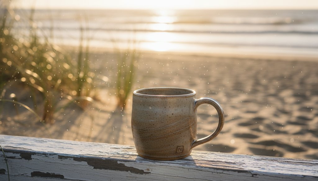A dramatic close-up shot of an artisanal, handcrafted ceramic mug, beautifully lit by the golden hour sunlight filtering through sparse native coastal vegetation on Bonbeach, showcasing professional Bonbeach product photography for local artisanal businesses with exceptional detail and texture.