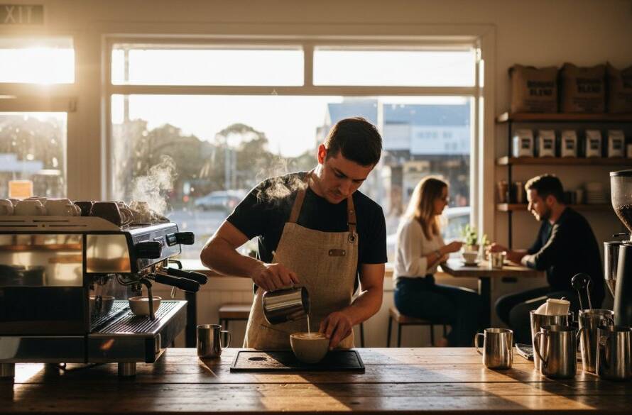 Dynamic, wide-angle shot featuring professional Boronia advertising photography for local businesses, capturing a chef proudly presenting a gourmet dish in a modern Boronia restaurant, bathed in golden hour light, showcasing exquisite detail and a bustling atmosphere.
