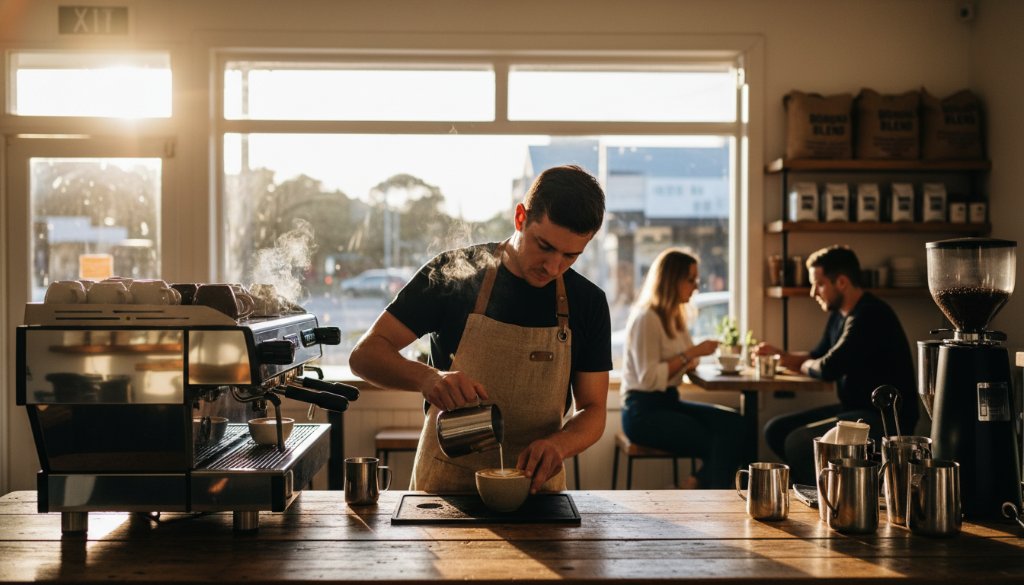 Dynamic, wide-angle shot featuring professional Boronia advertising photography for local businesses, capturing a chef proudly presenting a gourmet dish in a modern Boronia restaurant, bathed in golden hour light, showcasing exquisite detail and a bustling atmosphere.