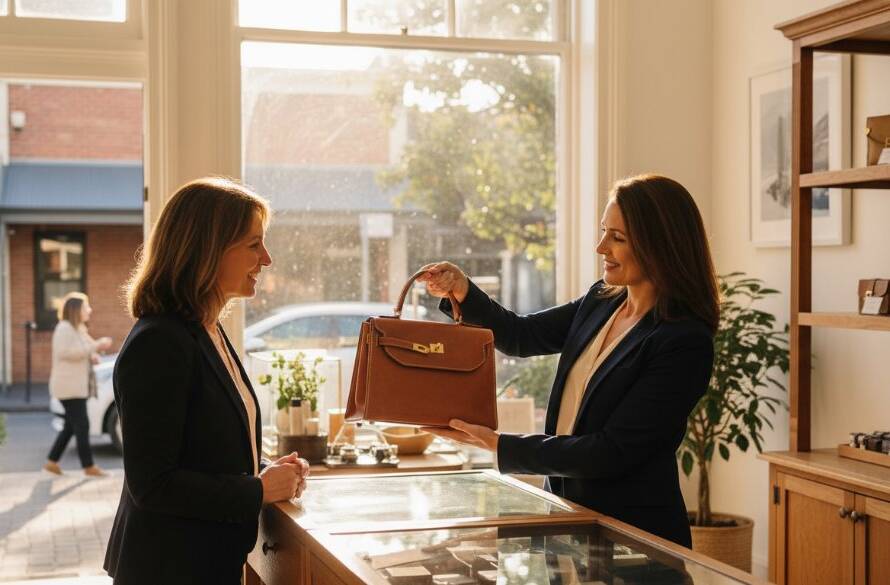 An inspiring, cinematically lit portrait of a successful female entrepreneur in a stylish Armadale boutique, showcasing her brand's products with elegance, captured by professional branding photography for Armadale businesses.