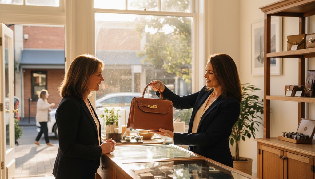 An inspiring, cinematically lit portrait of a successful female entrepreneur in a stylish Armadale boutique, showcasing her brand's products with elegance, captured by professional branding photography for Armadale businesses.