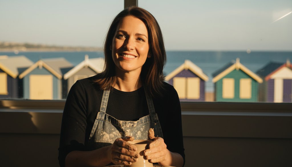 A vibrant, professional colour-graded image of a creative entrepreneur confidently working in a stylish Brighton setting, showcasing the power of professional branding photography Brighton VIC for creatives.