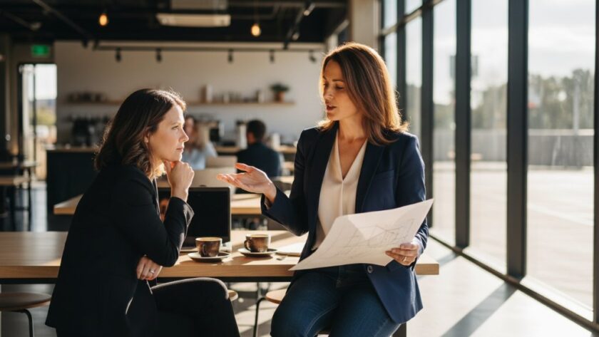 A Churchill Victoria small business owner, looking confident and professional, engaging with a customer in a beautifully lit, modern cafe setting, captured with professional branding photography, showcasing their brand's approachable and high-quality service.