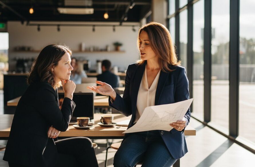 A Churchill Victoria small business owner, looking confident and professional, engaging with a customer in a beautifully lit, modern cafe setting, captured with professional branding photography, showcasing their brand's approachable and high-quality service.
