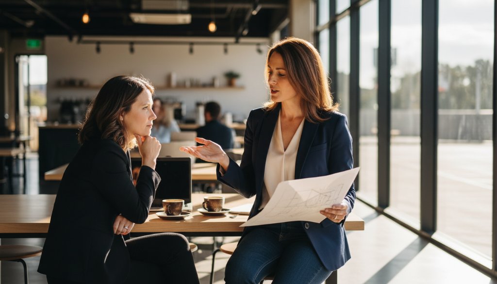 A Churchill Victoria small business owner, looking confident and professional, engaging with a customer in a beautifully lit, modern cafe setting, captured with professional branding photography, showcasing their brand's approachable and high-quality service.