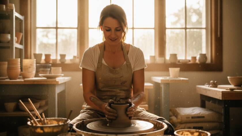 An epic moment of a local artisan passionately crafting custom ceramics in a sunlit studio in Donvale, Victoria, showcasing professional branding photography Donvale for local businesses with warm, dramatic lighting and shallow depth of field, emphasising creativity and craftsmanship.