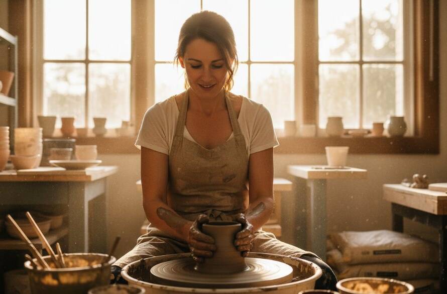 An epic moment of a local artisan passionately crafting custom ceramics in a sunlit studio in Donvale, Victoria, showcasing professional branding photography Donvale for local businesses with warm, dramatic lighting and shallow depth of field, emphasising creativity and craftsmanship.