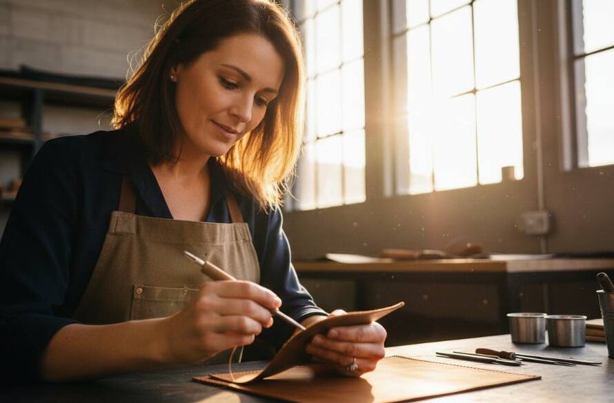 Professional Branding Photography Knoxfield VIC Businesses: An epic, dynamic shot of a local artisan in a modern Knoxfield workshop, expertly crafting a product, bathed in dramatic natural light, showcasing passion and precision. The scene is professionally color-graded with a cinematic feel.