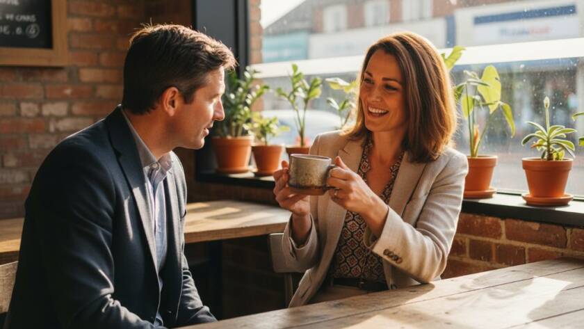 A dynamic, cinematic portrait capturing a Maidstone small business owner confidently interacting with a client in a vibrant local cafe, showcasing authentic professional branding photography Maidstone Victoria in action, with dramatic natural light and a shallow depth of field.