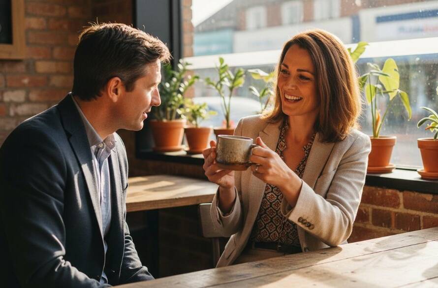 A dynamic, cinematic portrait capturing a Maidstone small business owner confidently interacting with a client in a vibrant local cafe, showcasing authentic professional branding photography Maidstone Victoria in action, with dramatic natural light and a shallow depth of field.