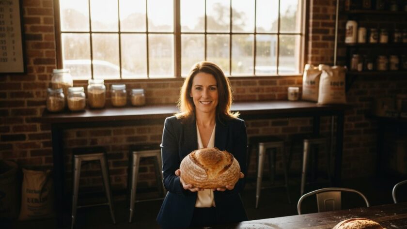 An epic, cinematic moment captured through professional branding photography Mildura, featuring a local artisanal baker proudly presenting a freshly baked sourdough loaf inside a sun-drenched Mildura cafe, with dramatic backlighting and a warm, inviting atmosphere, reflecting the authentic spirit of their business.