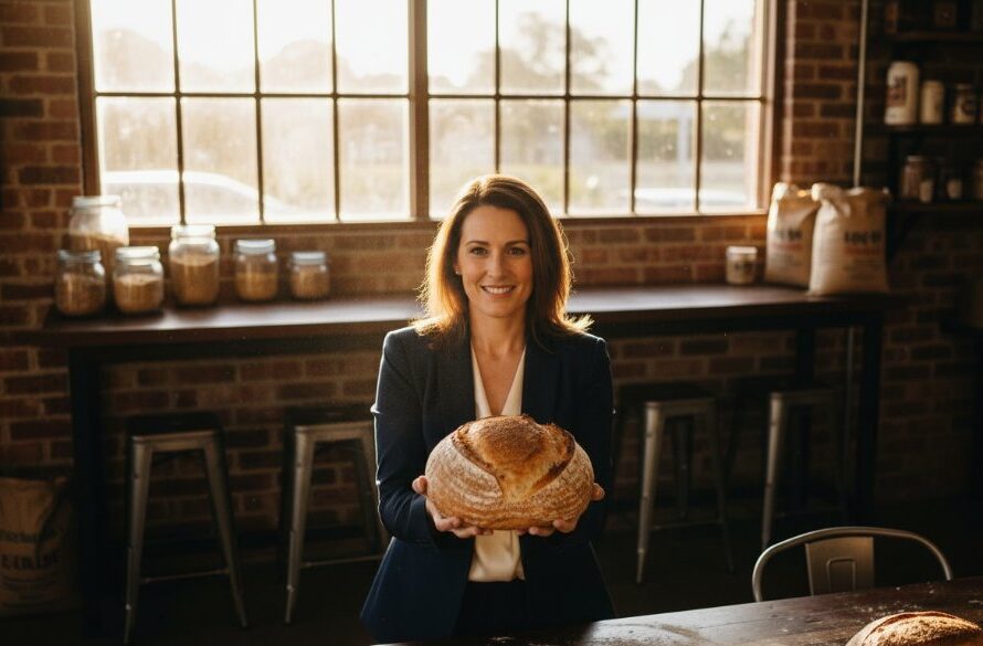 An epic, cinematic moment captured through professional branding photography Mildura, featuring a local artisanal baker proudly presenting a freshly baked sourdough loaf inside a sun-drenched Mildura cafe, with dramatic backlighting and a warm, inviting atmosphere, reflecting the authentic spirit of their business.