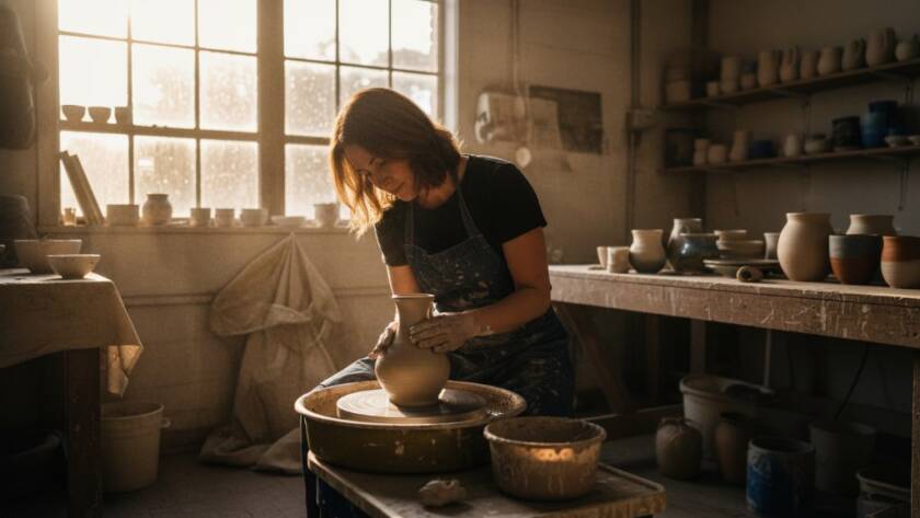 A dynamic, wide-angle professional branding photography for Skye businesses Victoria shot, capturing a local artisan passionately crafting a unique product in their workshop, bathed in warm, cinematic golden hour light streaming through a large window, with blurred background elements suggesting a busy, creative environment, conveying dedication and authenticity.