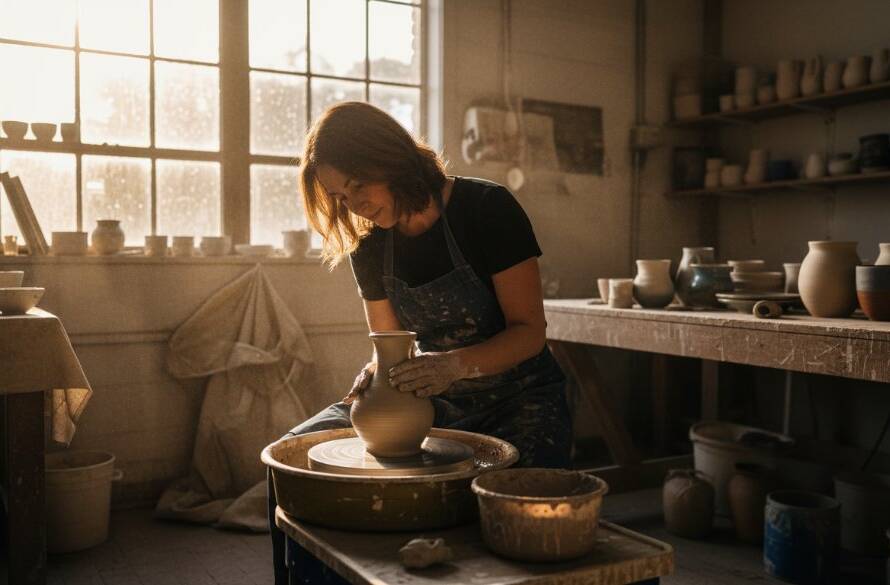 A dynamic, wide-angle professional branding photography for Skye businesses Victoria shot, capturing a local artisan passionately crafting a unique product in their workshop, bathed in warm, cinematic golden hour light streaming through a large window, with blurred background elements suggesting a busy, creative environment, conveying dedication and authenticity.