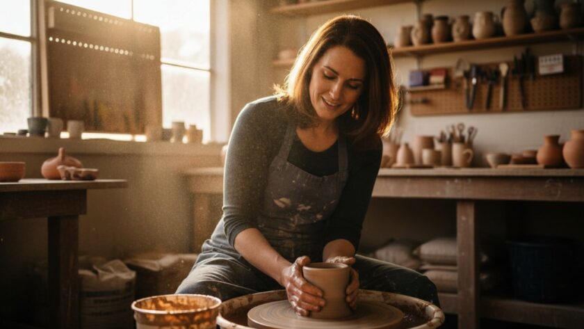 Epic moment: A Wangaratta artisan, hands expertly crafting pottery in a sunlit studio, showcasing the essence of professional branding photography for Wangaratta businesses, with dramatic backlighting emphasizing their skill and dedication.