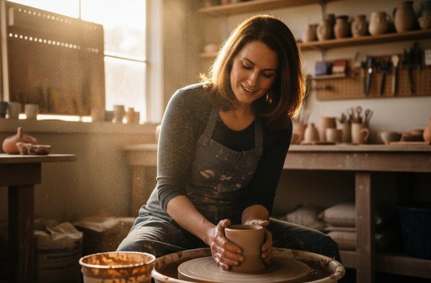 Epic moment: A Wangaratta artisan, hands expertly crafting pottery in a sunlit studio, showcasing the essence of professional branding photography for Wangaratta businesses, with dramatic backlighting emphasizing their skill and dedication.
