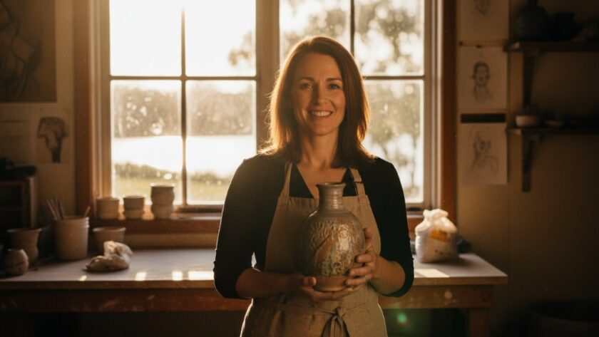 An 'epic moment' style photograph of a confident small business owner in Wendouree, mid-action during a professional branding photography session, dramatically lit against a backdrop suggesting Lake Wendouree or a local artisanal cafe, capturing their passion and unique brand story with a cinematic, color-graded aesthetic.