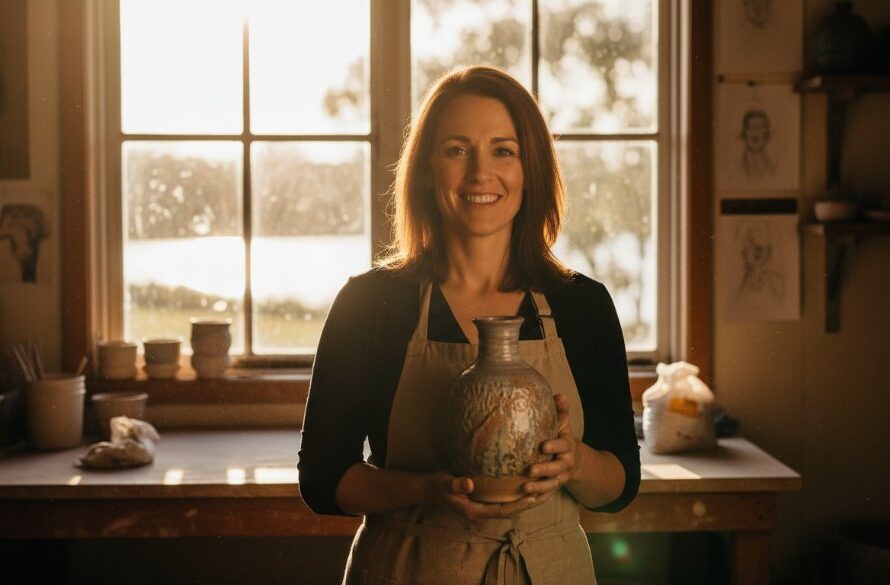 An 'epic moment' style photograph of a confident small business owner in Wendouree, mid-action during a professional branding photography session, dramatically lit against a backdrop suggesting Lake Wendouree or a local artisanal cafe, capturing their passion and unique brand story with a cinematic, color-graded aesthetic.