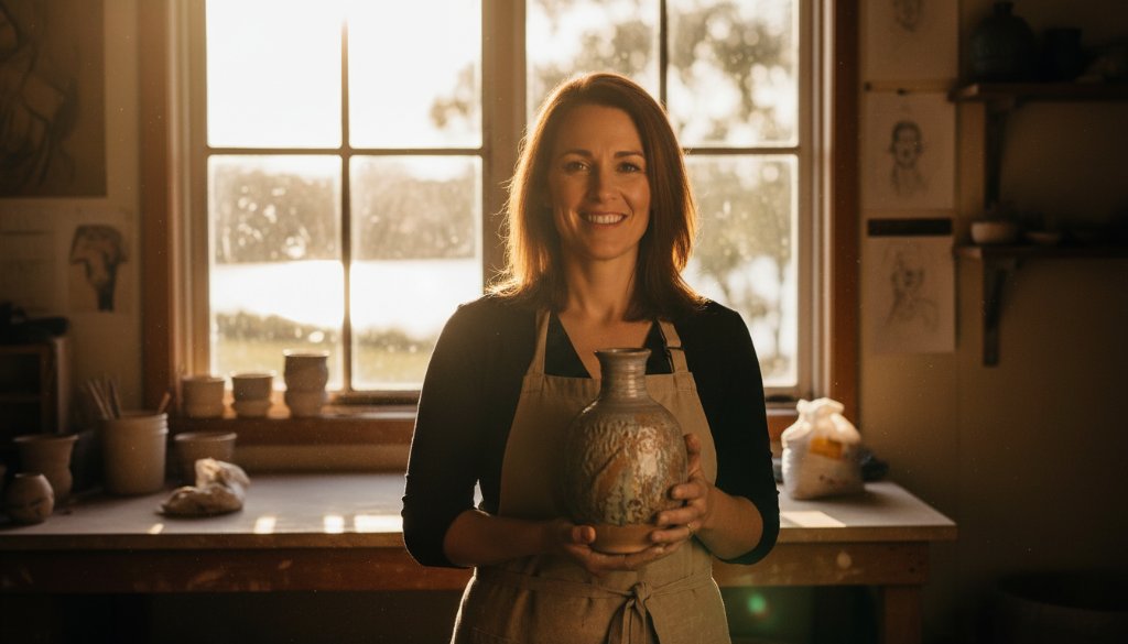 An 'epic moment' style photograph of a confident small business owner in Wendouree, mid-action during a professional branding photography session, dramatically lit against a backdrop suggesting Lake Wendouree or a local artisanal cafe, capturing their passion and unique brand story with a cinematic, color-graded aesthetic.