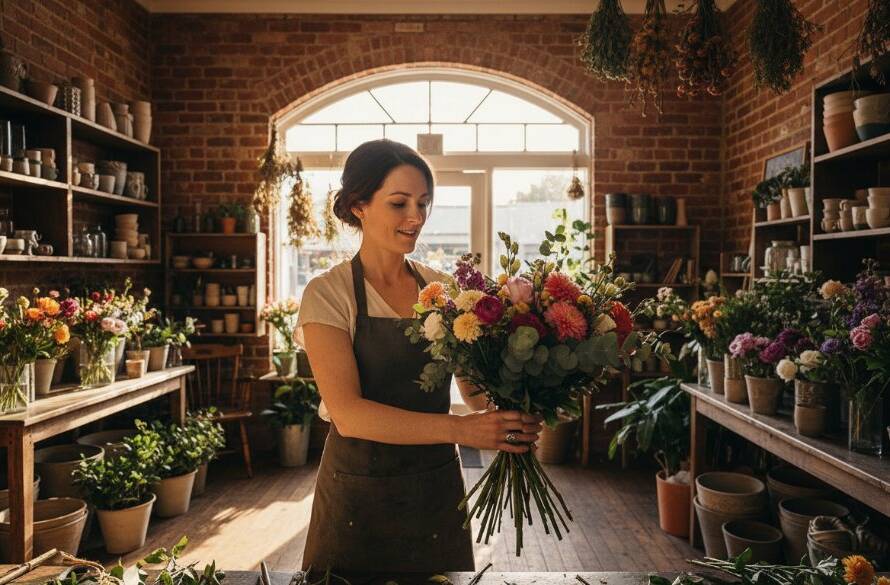 Dramatic shot of a small business owner in Yarraville showcasing their handcrafted products with a warm smile, bathed in golden hour light outside a charming local cafe, symbolizing professional branding photography for Yarraville small businesses.