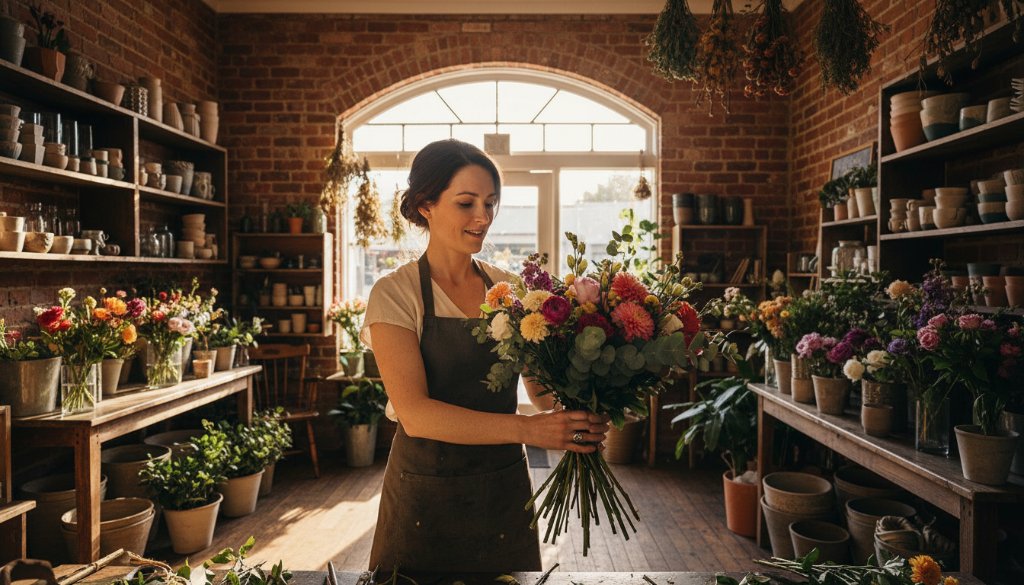 Dramatic shot of a small business owner in Yarraville showcasing their handcrafted products with a warm smile, bathed in golden hour light outside a charming local cafe, symbolizing professional branding photography for Yarraville small businesses.