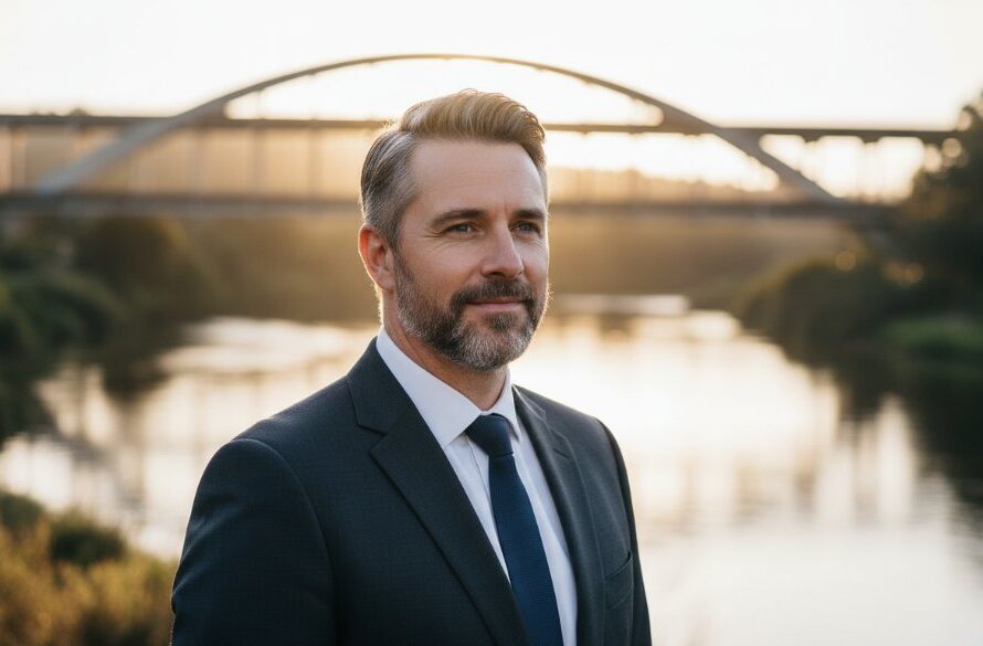 A confident Orbost business professional smiling warmly, captured in a dramatic, professional business headshots Orbost Victoria portrait against a subtly blurred Orbost landscape background, showcasing leadership and approachability.