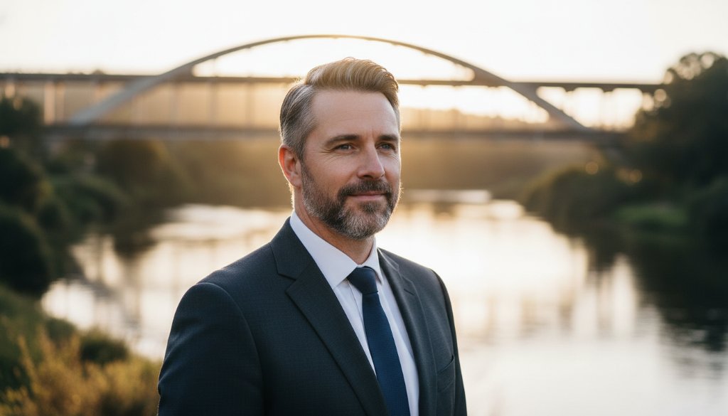 A confident Orbost business professional smiling warmly, captured in a dramatic, professional business headshots Orbost Victoria portrait against a subtly blurred Orbost landscape background, showcasing leadership and approachability.