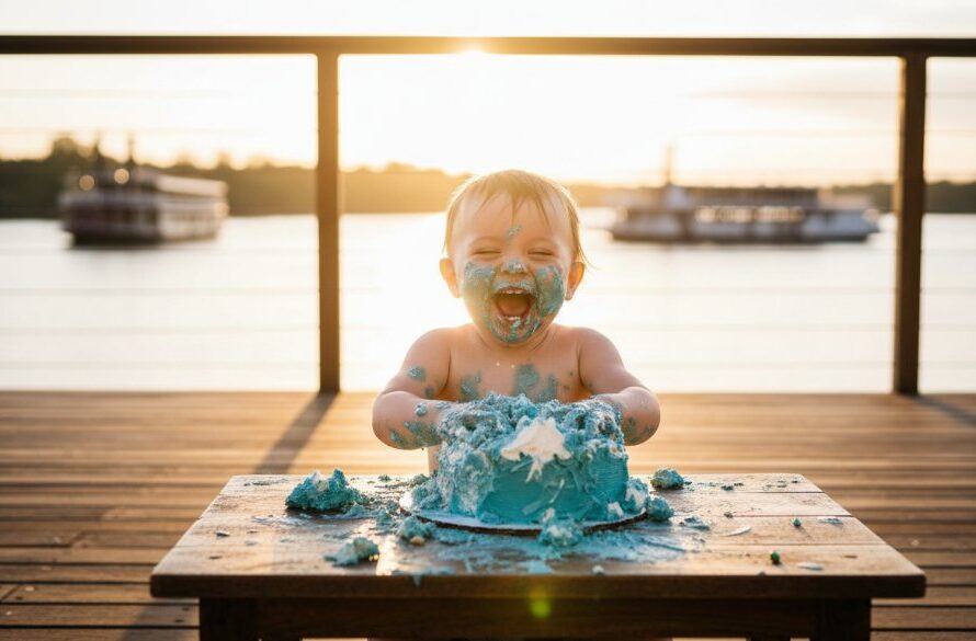 An 'epic moment' photograph capturing the sheer joy of a toddler amidst a colourful cake smash, covered in frosting and laughing, set against a rustic Echuca backdrop, showcasing professional cake smash photography Echuca memorable moments.